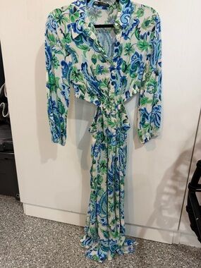 ZARA White Shirt with Blue & Green Floral Print